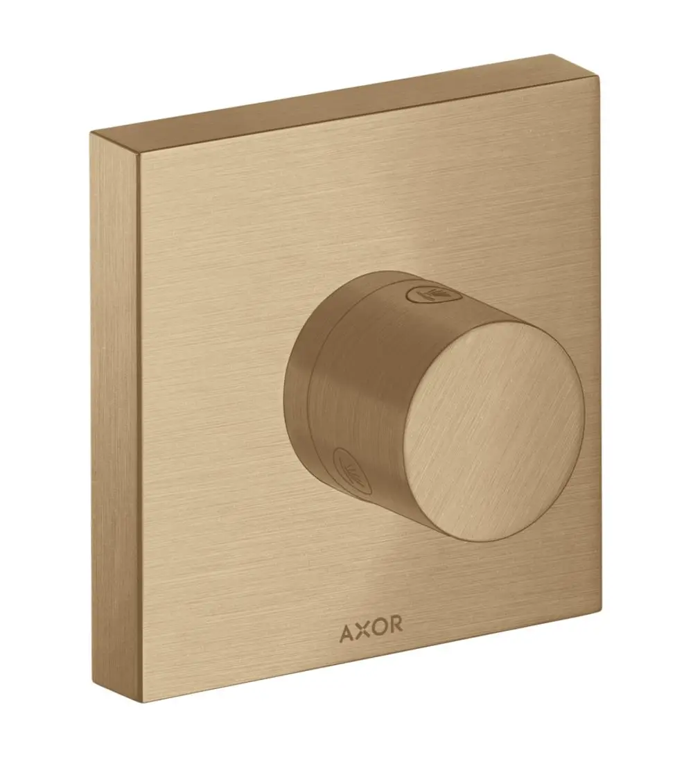 Wandmontiertes, quadratisches Ventil in gebürstetem Bronze-Finish mit runder Betätigung. Aus der Produktlinie von AXOR.